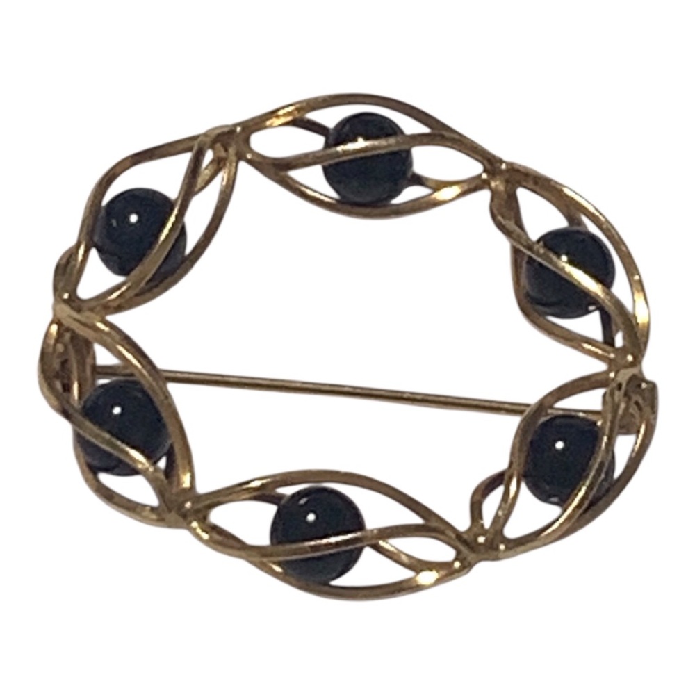 Vintage Gold-Tone Circular Brooch with Black Beads